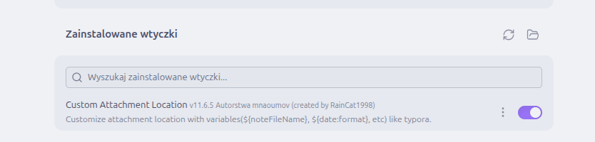 Zainstalowane wtyczki - Custom Attachment Location